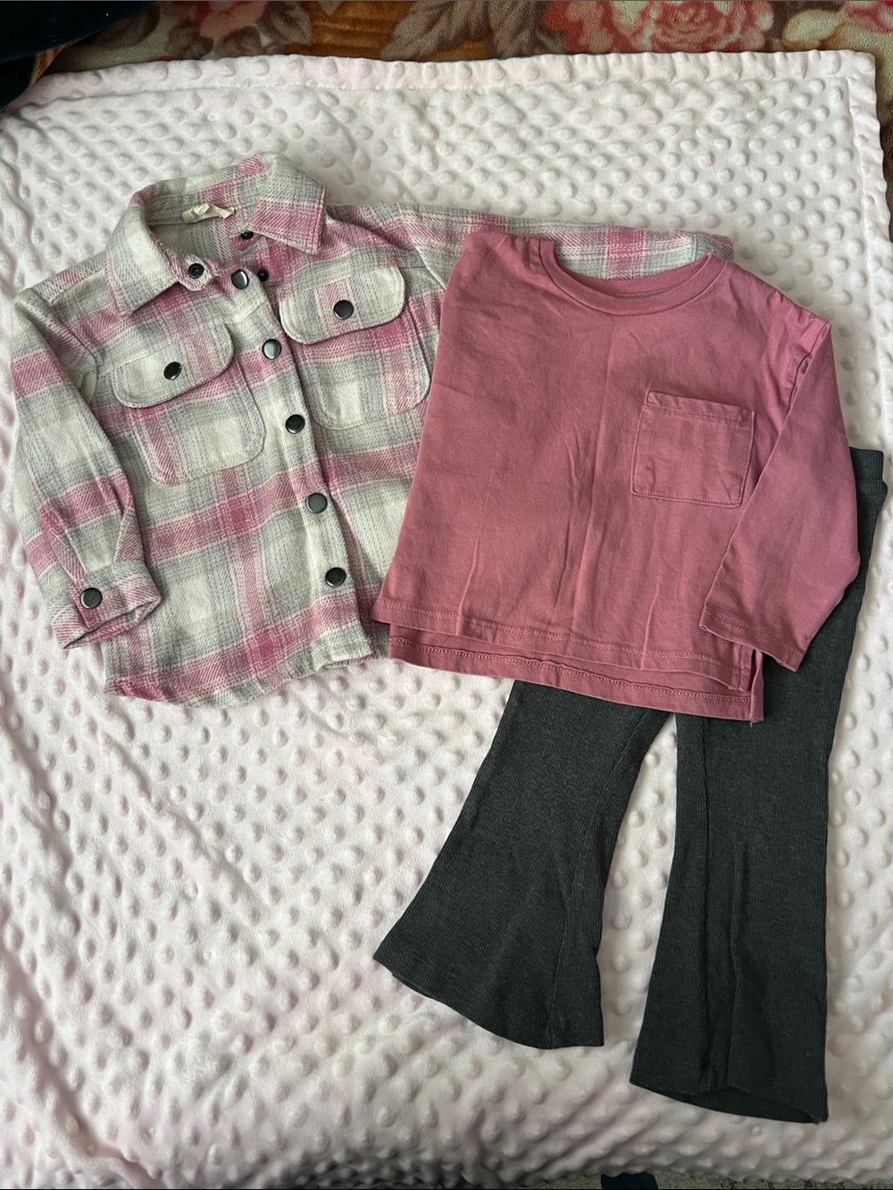 Kids Pink Plaid Shacket with Mauve Long Sleeve Tee